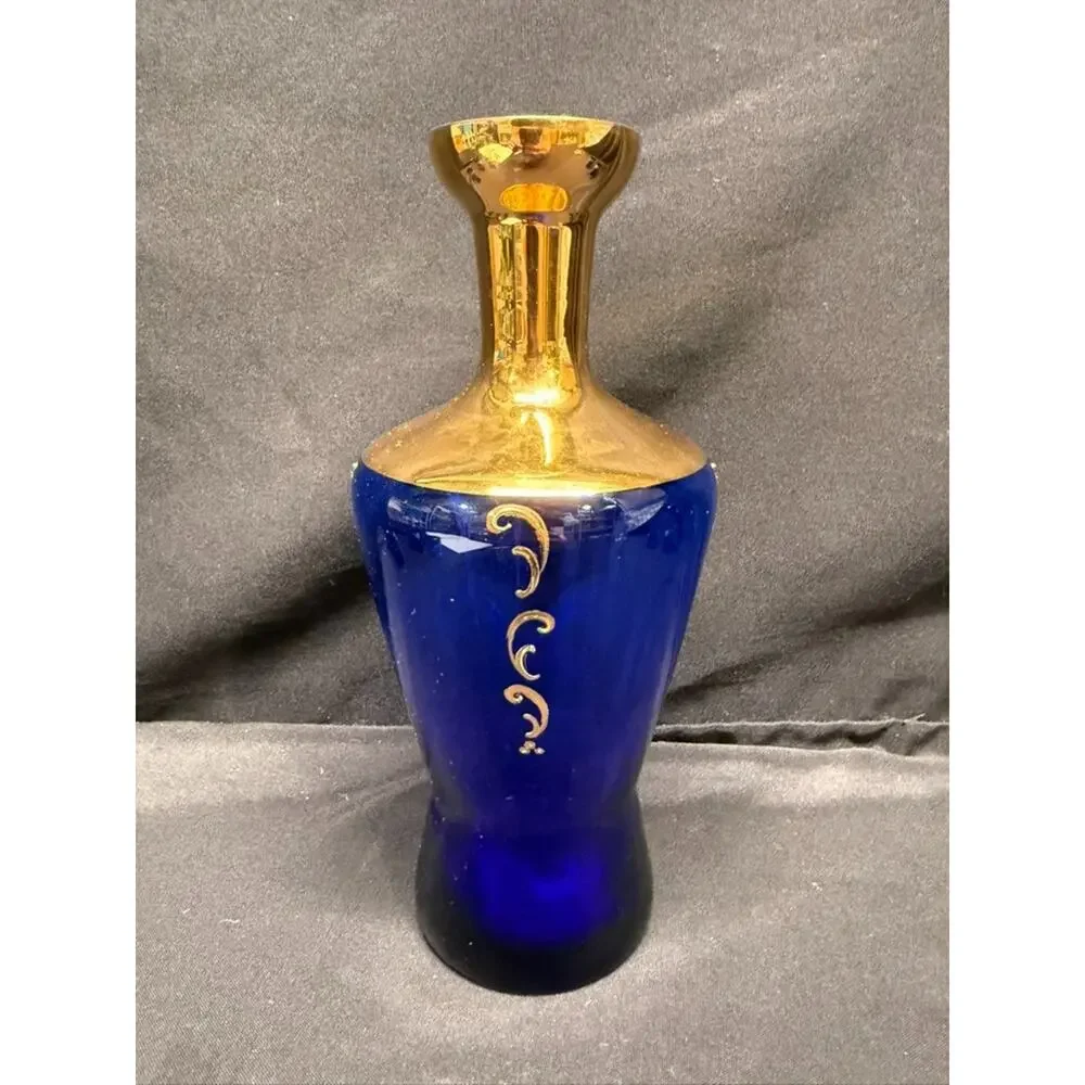 Cobalt Blue & Gold Bohemian Style Decanter (5) Shot Glasses Hand Painted Flowers